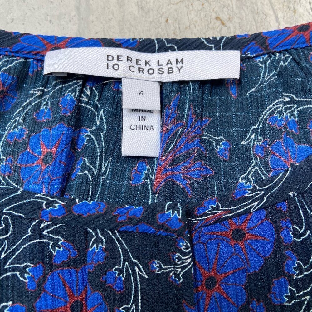 Derek Lam 10 Crosby Poet Floral Sheer Ruffle Sleeve Silk Blouse Blue Black Sz 6 - Picture 2 of 10